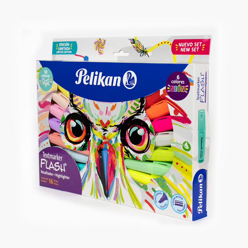 RESALTADORES PELIKAN BUHO CAJA CON 16  COLORES SURTIDOS